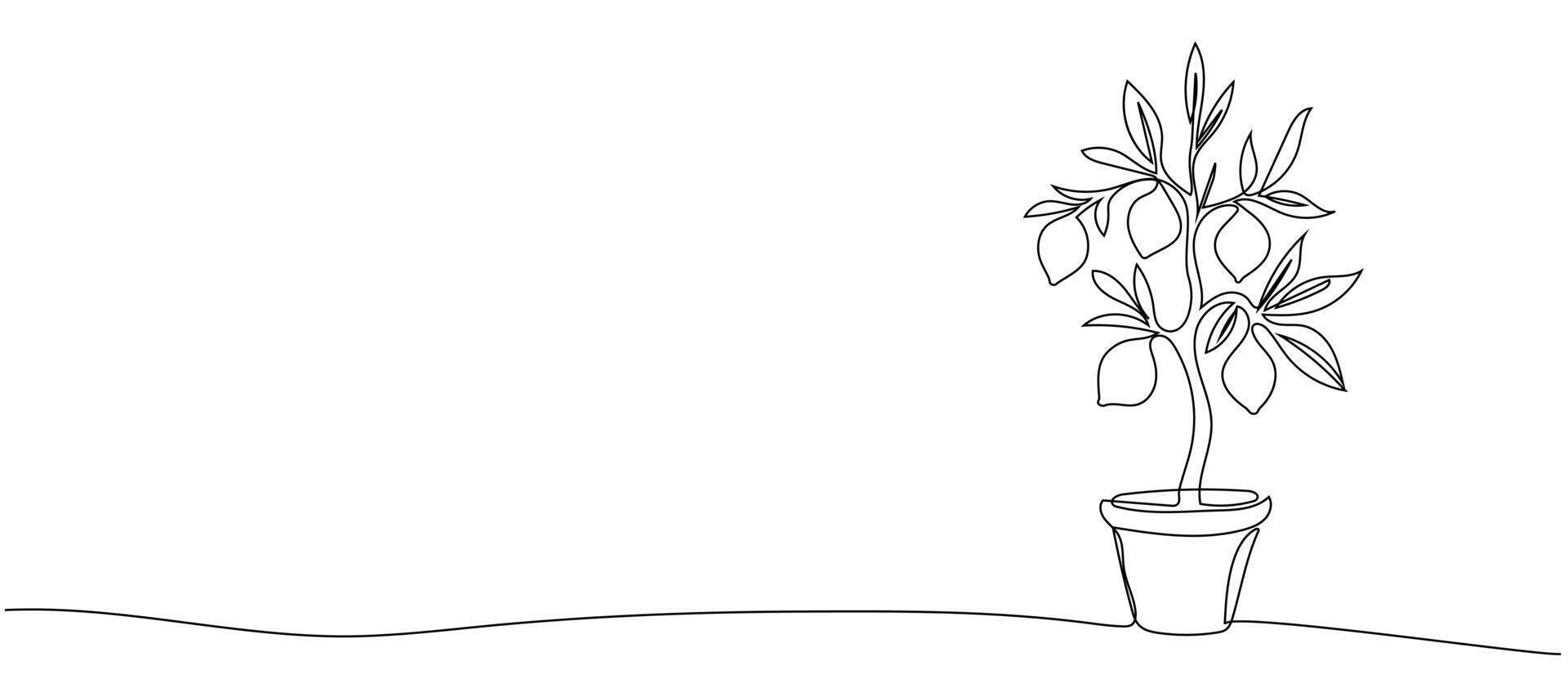 Continuous Line Drawing Lemon Tree in Pot Isolated on White Background. Lemon Branch with Leaves One Line Illustration Minimalist Style. vector