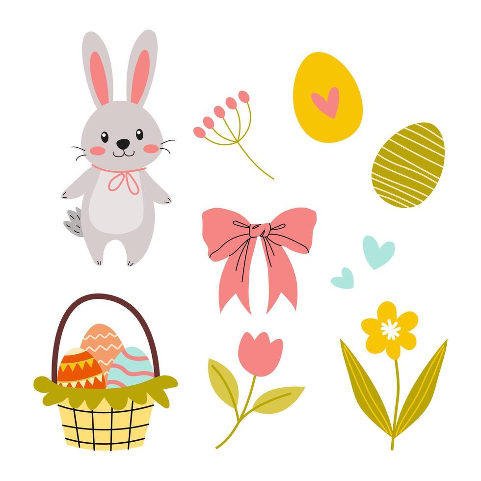 Cute bunny surrounded by Easter decorations including flowers, eggs, and a basket during spring celebration vector