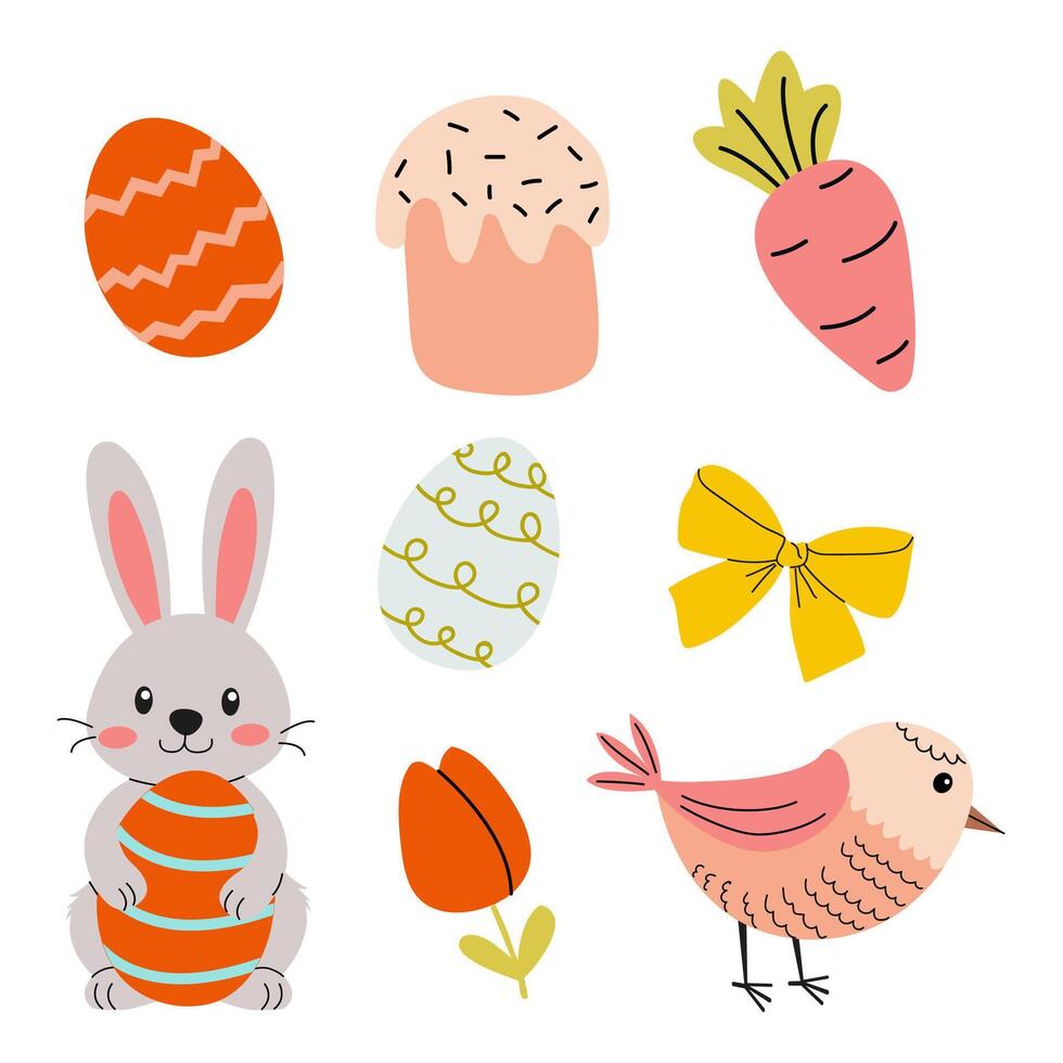 Fun and colorful Easter themed illustrations featuring decorations, bunny, and flowers for a festive celebration vector
