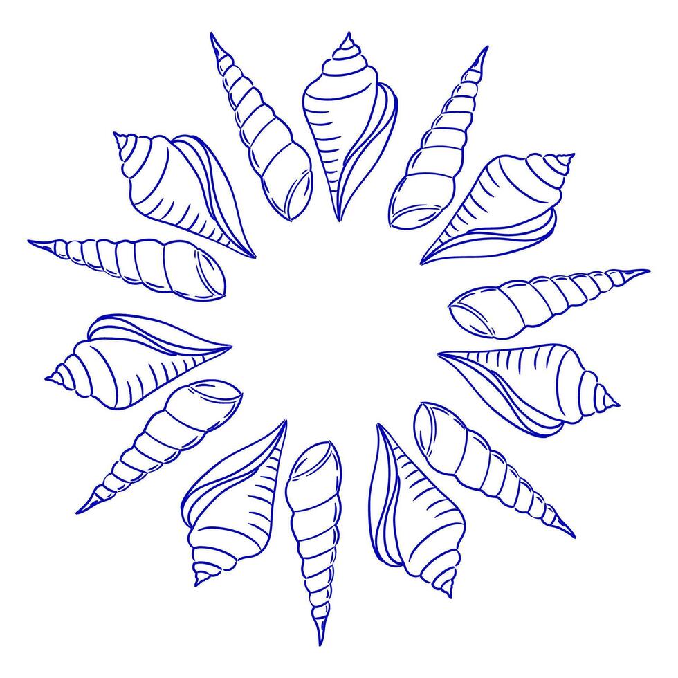Round frame made of shells in Hand drawn whimsical style. Decorative arrangement of seashells in a circular pattern with intricate designs on a plain background created by hand vector