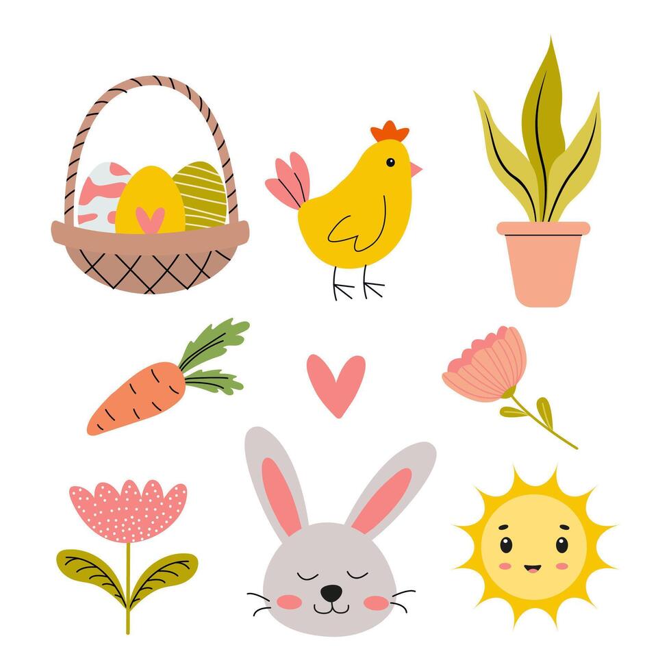 Colorful spring-themed illustrations including a basket of eggs, flowers, and a cheerful sun vector