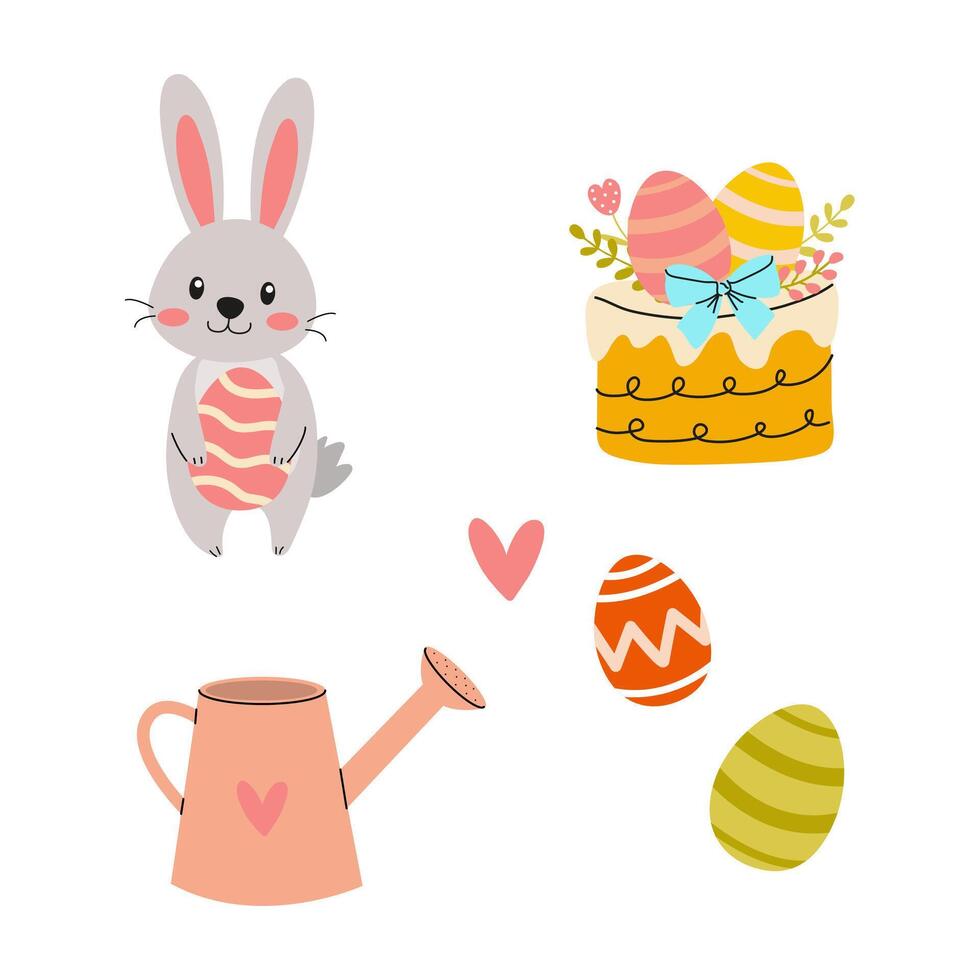 Colorful Easter decorations featuring a bunny, eggs, and a watering can for spring festivities vector