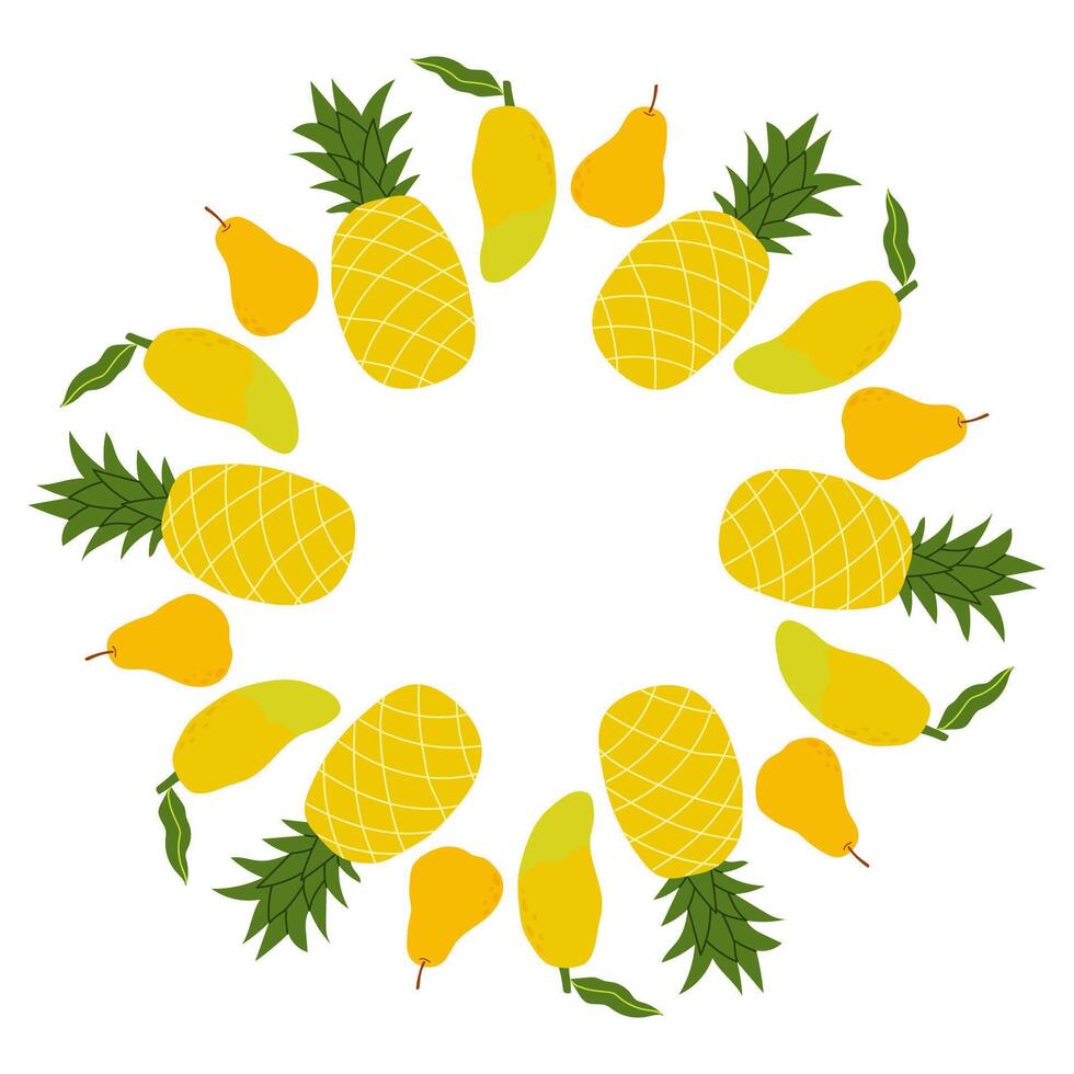 Round frame made of tropical fruits in Hand drawn style on a white background. Summer illustration. vector