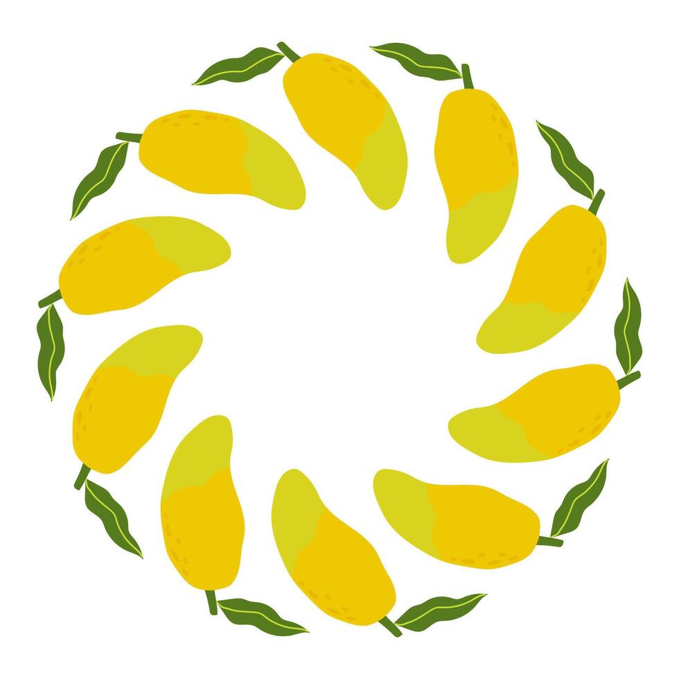 Yellow mangoes arranged in a circular pattern with green leaves on a white background celebrating summer harvest vector