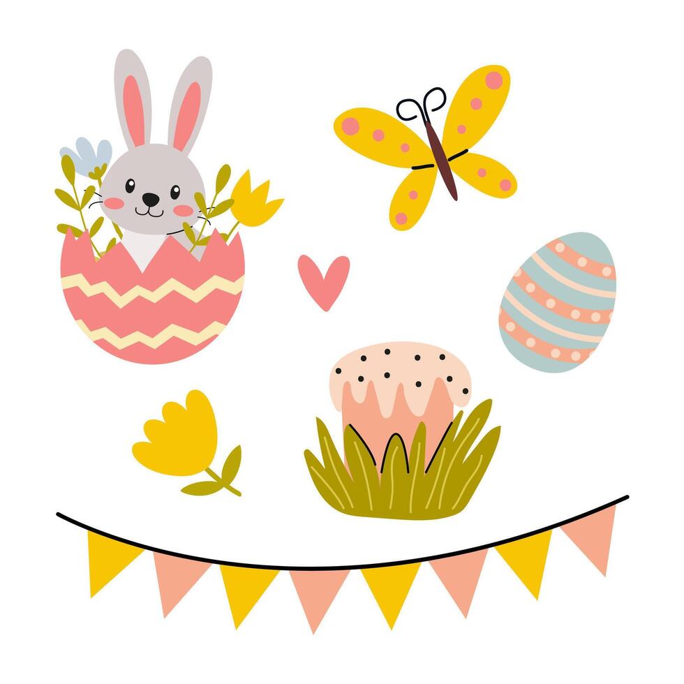 Cute spring decorations featuring a bunny, butterfly, flowers, and Easter eggs placed in a colorful arrangement for celebration vector