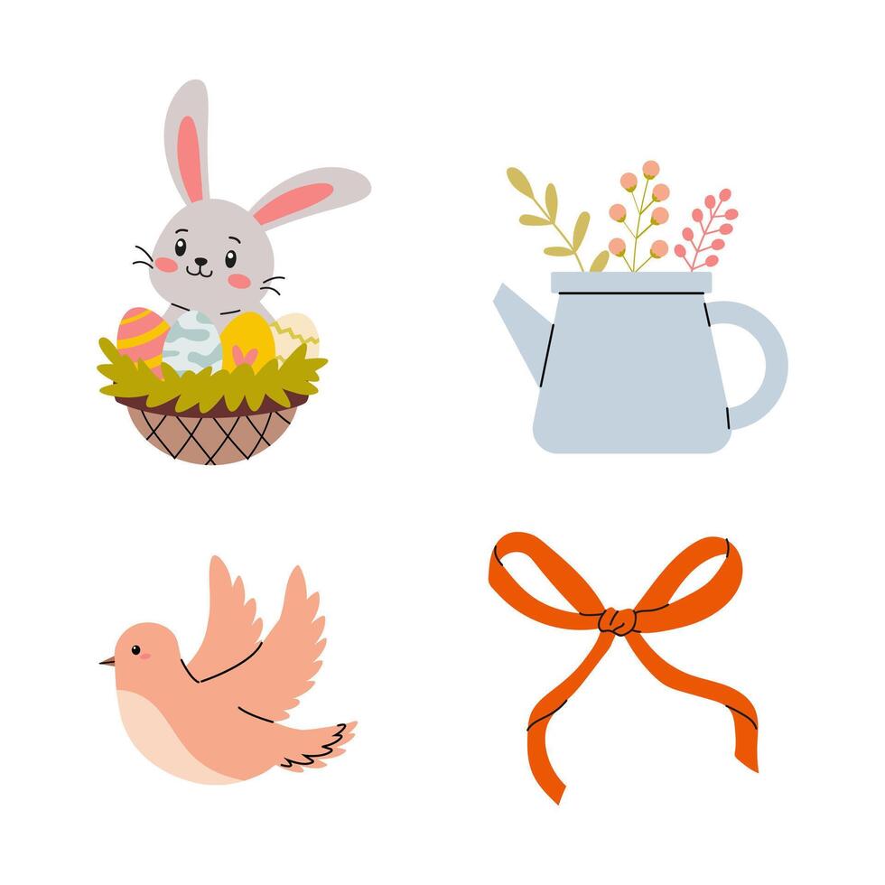 Decorative spring elements featuring a bunny, flowers, a watering can, and a bird in pastel colors for seasonal celebration vector