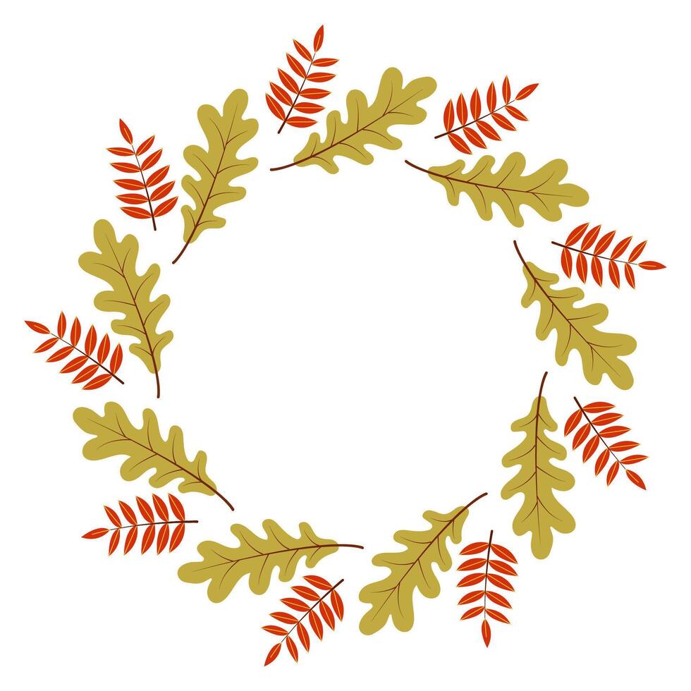 Round frame with autumn leaves and pumpkins. Autumn leaves form a circular arrangement suitable for seasonal decor and design projects vector