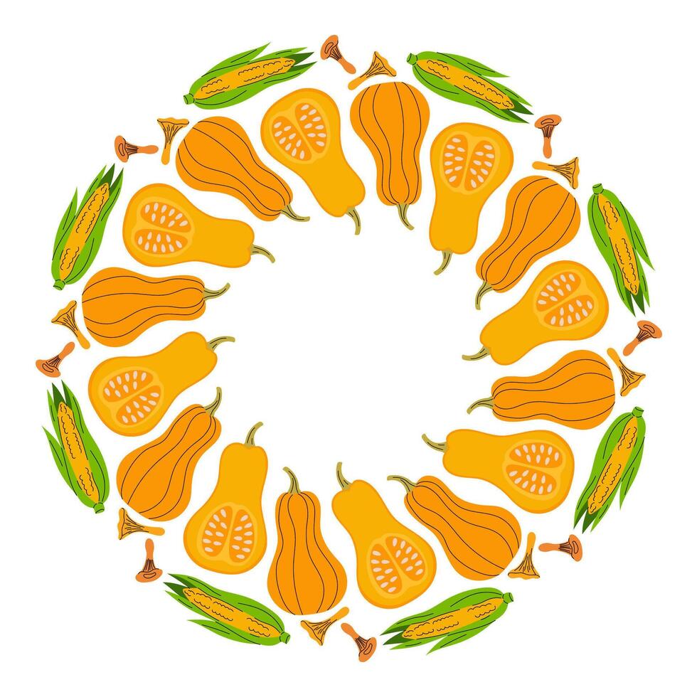 Decorative arrangement of yellow squashes and corn in a circular pattern on a white background vector