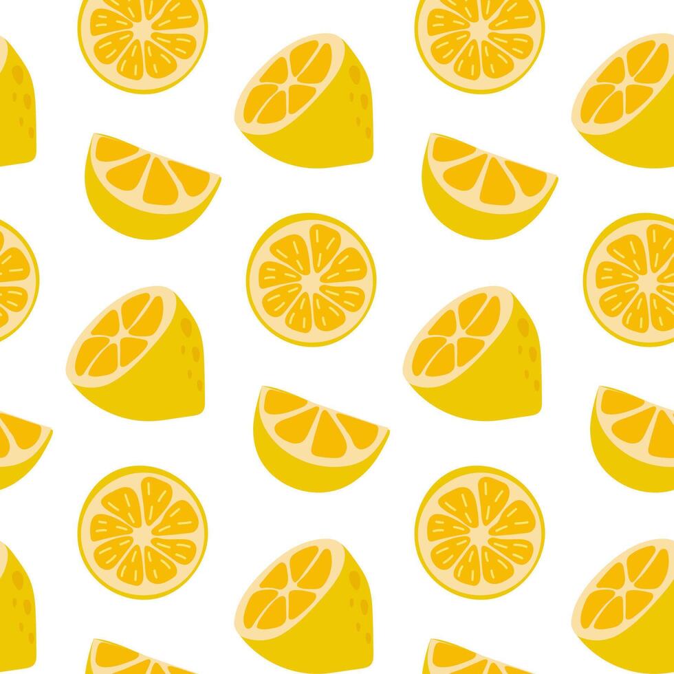 Bright yellow lemon pattern featuring sliced and whole lemons on a white background for fresh decor vector