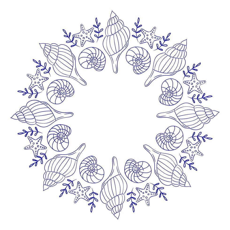 Round frame made of shells in Hand drawn whimsical style. Decorative circular design featuring seashells and starfish surrounded by marine elements in blue ink on a white background vector