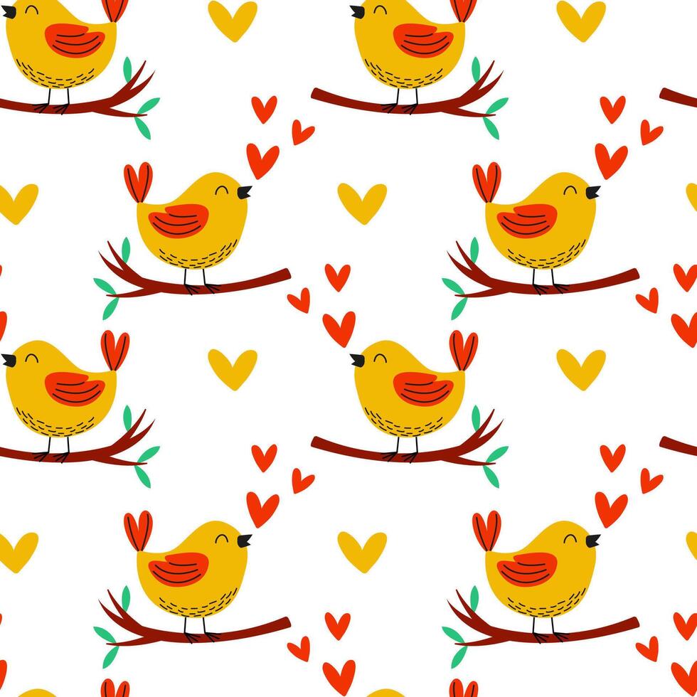 A Charming Bird Pattern Decorated with Hearts and Branches in a Joyful Design Style vector