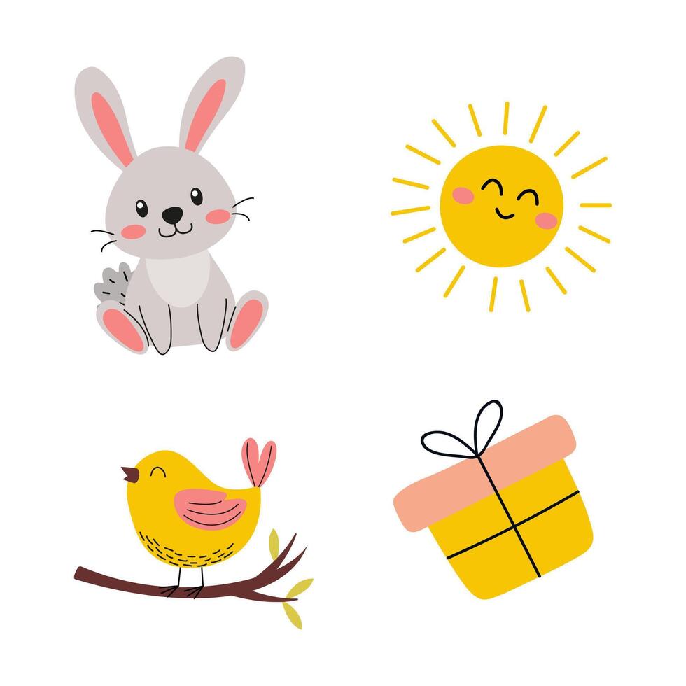 Cute cartoon characters featuring a rabbit, bird, sun, and gift box in a playful design vector