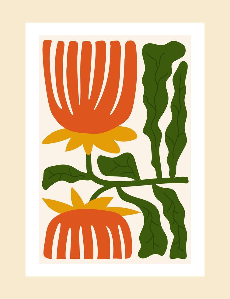 Modern floral poster inspired by Matisse collage style, featuring bright, abstract shapes and playful plant motifs. A fresh, eye-catching design for creative spaces. vector