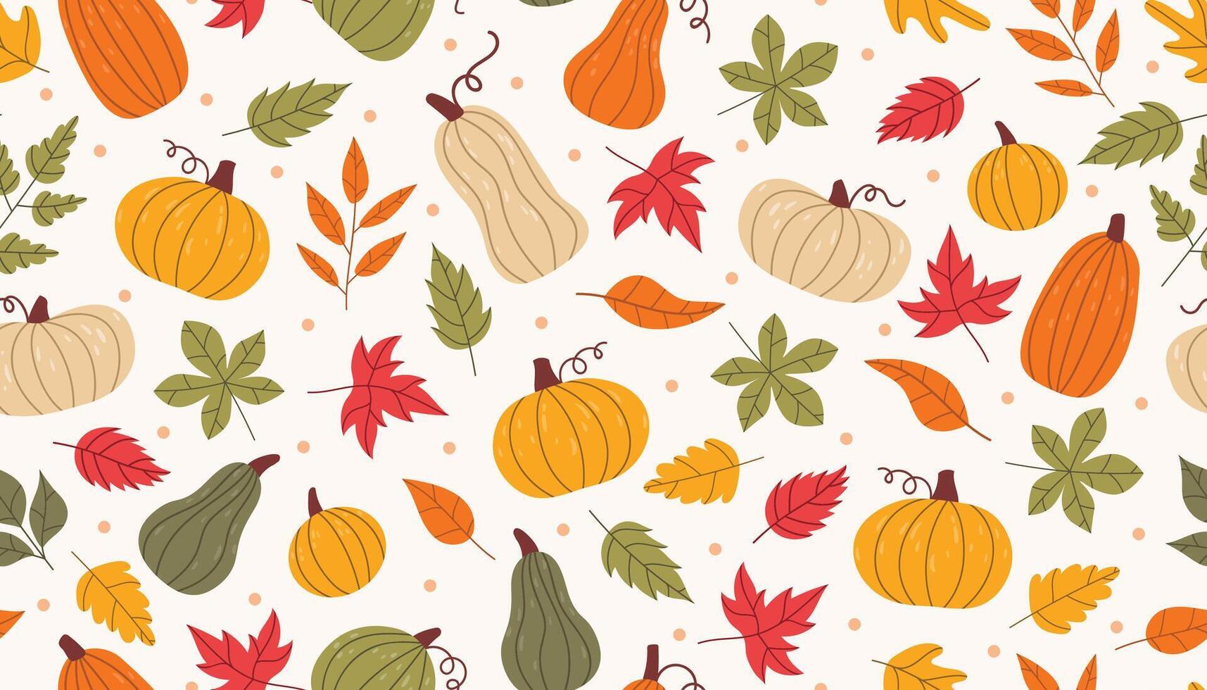 Autumn seamless pattern featuring colorful leaves and pumpkins. Cozy seasonal design with warm tones, perfect for fall themes, textiles, wrapping paper, or festive decorations. vector