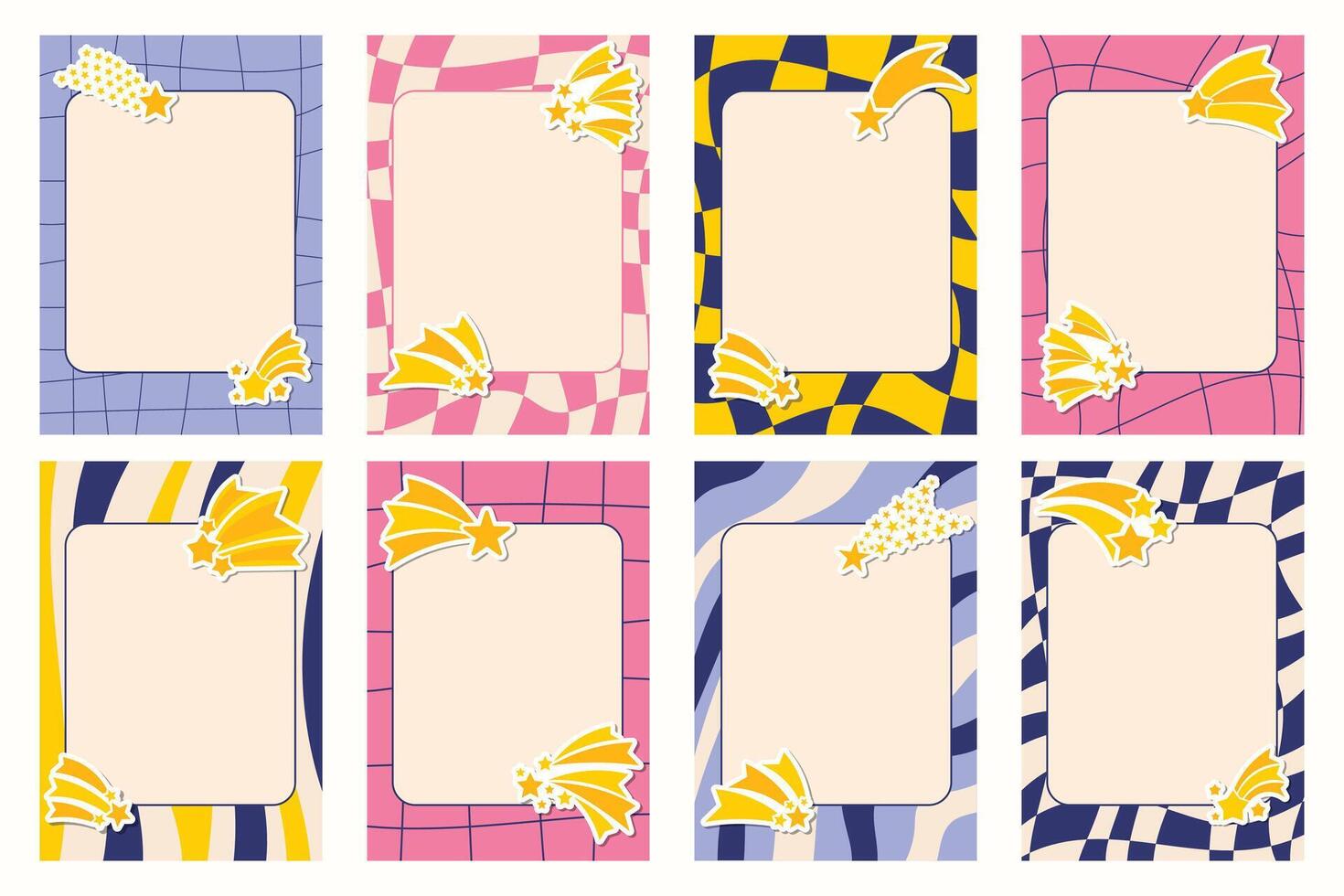 Set of groovy note frames decorated with falling star stickers in flat cartoon style. Vibrant and dreamy design with cosmic accents, perfect for planners, stationery, or digital scrapbooking. vector