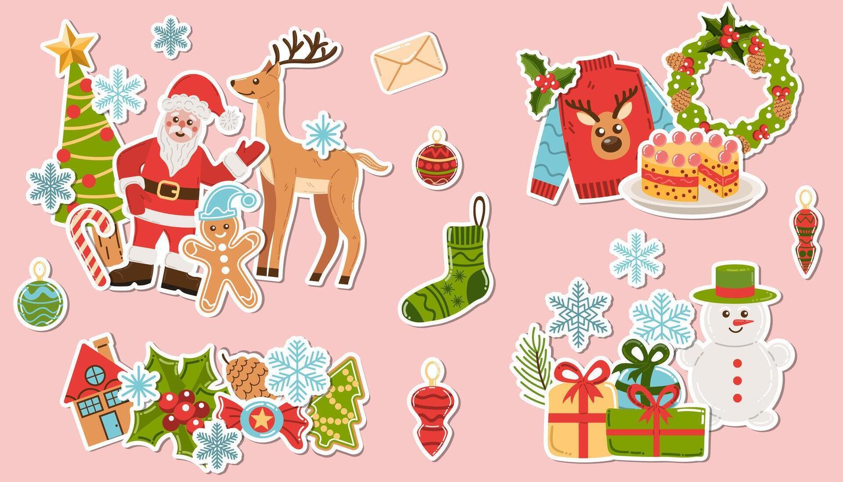 Bright Christmas sticker set of compositions with Santa Claus, snowman, gifts, tree, deer, ugly sweater with deer, holly berries, gingerbread man, snowflakes, wreath, and candies. vector