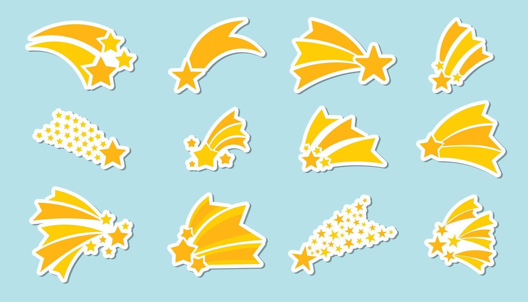 Set of falling stars stickers in flat cartoon style. Bright and cosmic elements with glowing trails and dreamy details, ideal for planners, scrapbooking, digital designs, or decorative projects. vector