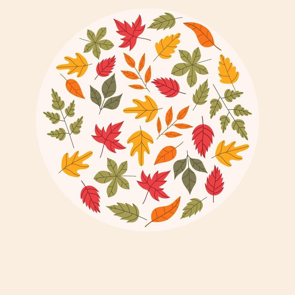 Square autumn poster featuring a circular arrangement of colorful fall leaves on a neutral background, creating a warm seasonal design ideal for Thanksgiving decor and seasonal promotions. vector
