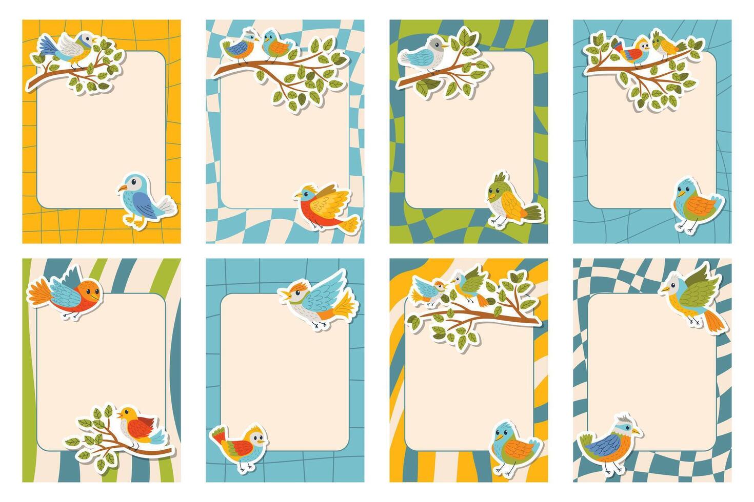 Set of groovy note frames decorated with colorful birds flying and sitting on branches in flat cartoon style. Playful and cheerful designs ideal for journaling, stationery or digital planners. vector