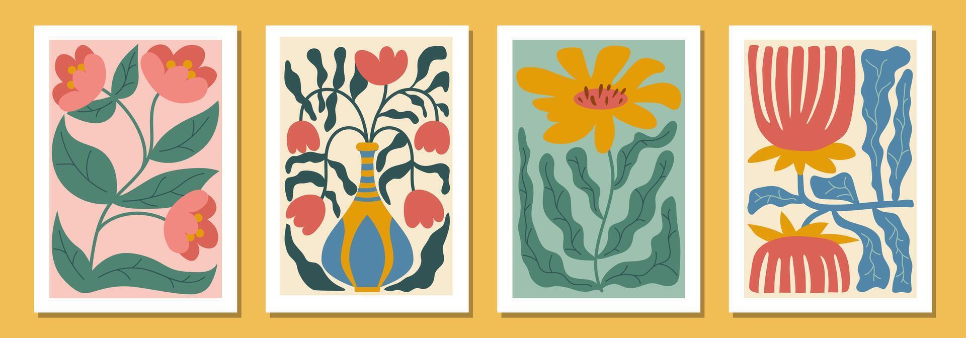 Decorative poster set with botanical motifs in Matisse style shapes. Each piece blends organic forms and vivid colors to create a cohesive and artistic wall art collection. vector