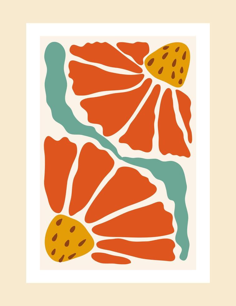Expressive floral collage with simple silhouettes and vivid hues, echoing the cut-out style of Matisse. A modern, nature-inspired artwork with bold visual charm. vector