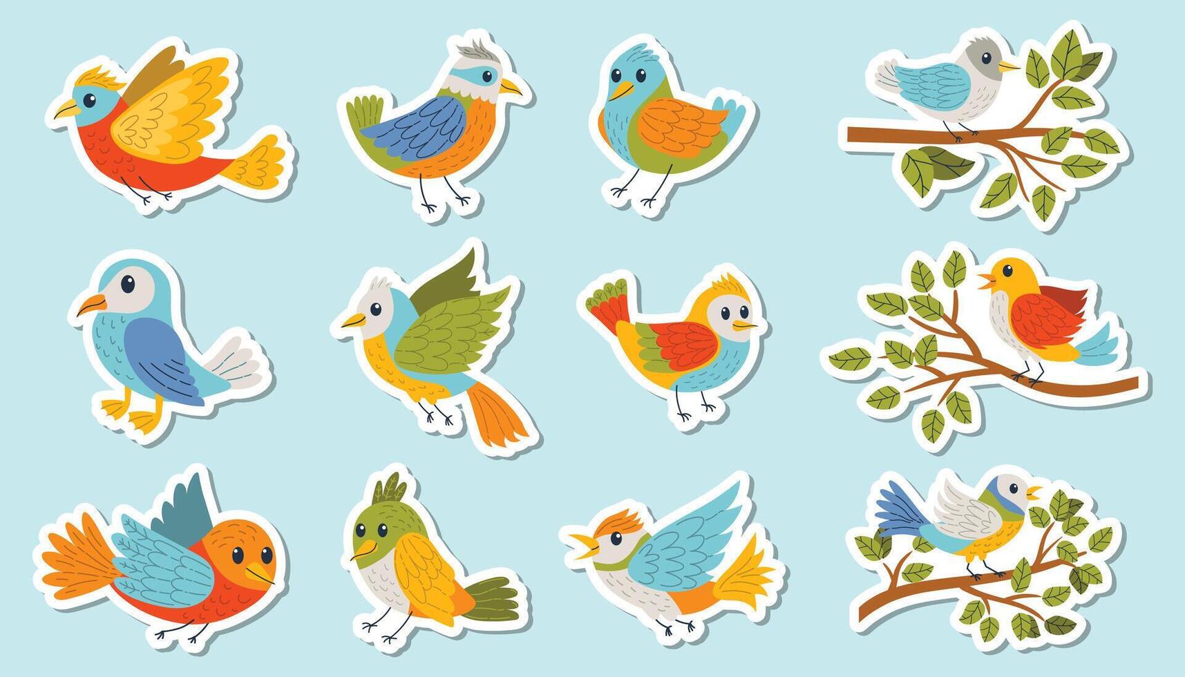 Set of colorful cartoon stickersw with birds in flat style, featuring various species with bright feathers. Stickers og flying birds and birds sitting on branches isolated on blue background. vector