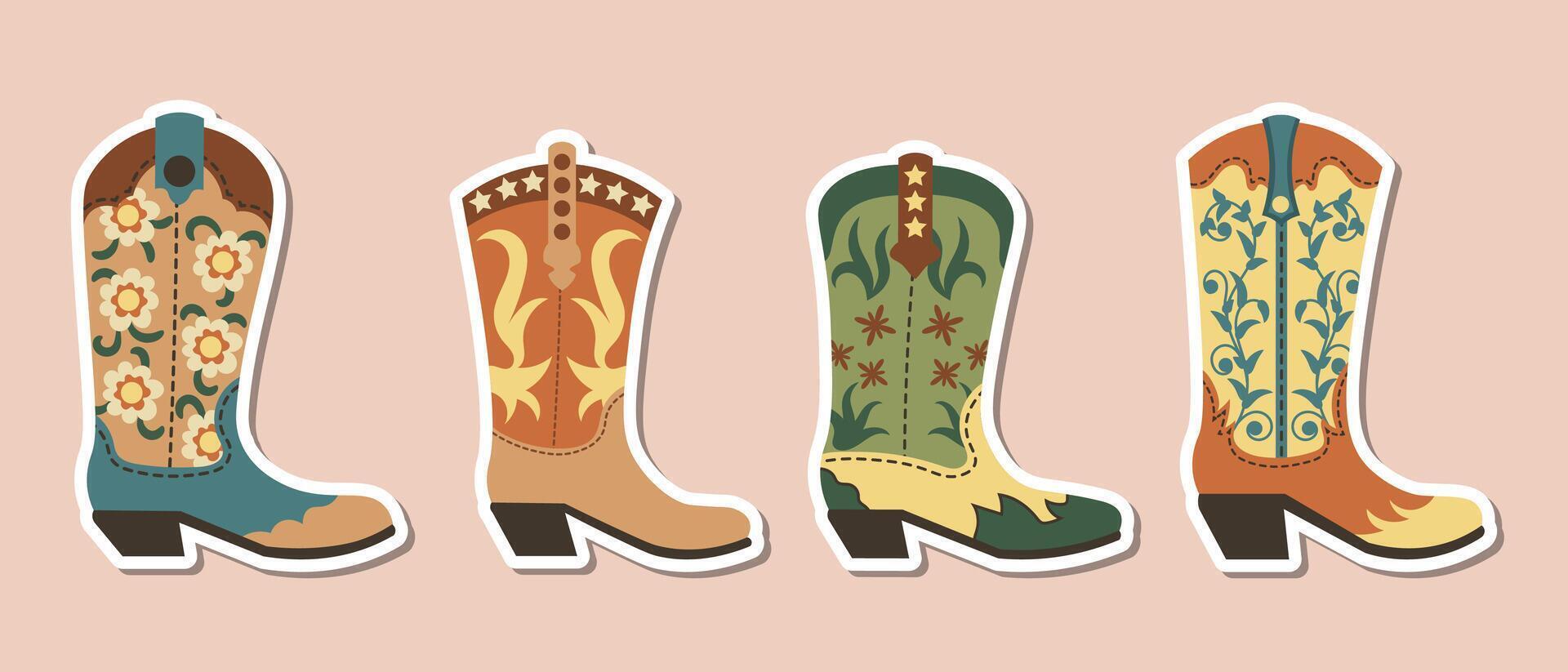 Set of cowboy and cowgirl boots stickers in flat style. Fun and colorful western-themed illustrations featuring different boot designs, ideal for planners, scrapbooks, stationery, or themed crafts. vector