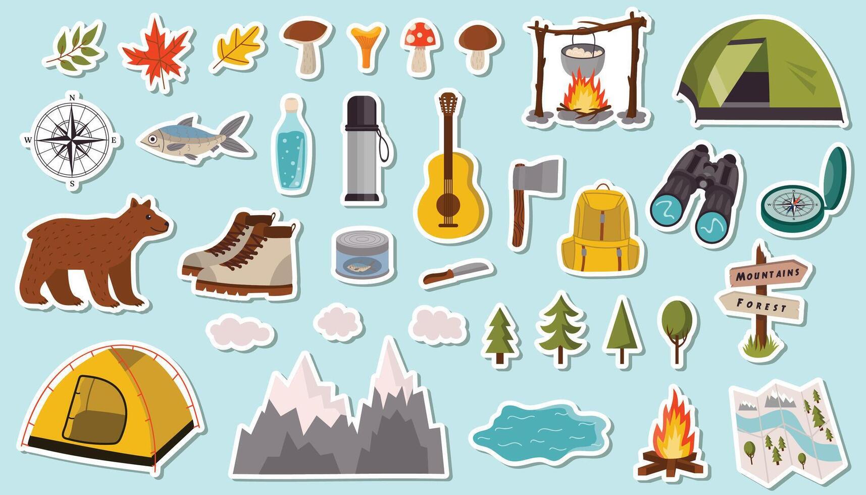 Cartoon stickers set for summer camping in flat style. Includes playful outdoor elements like tents, fires, backpacks, and trees. Perfect for kids, planners, scrapbooks, or travel-themed crafts. vector