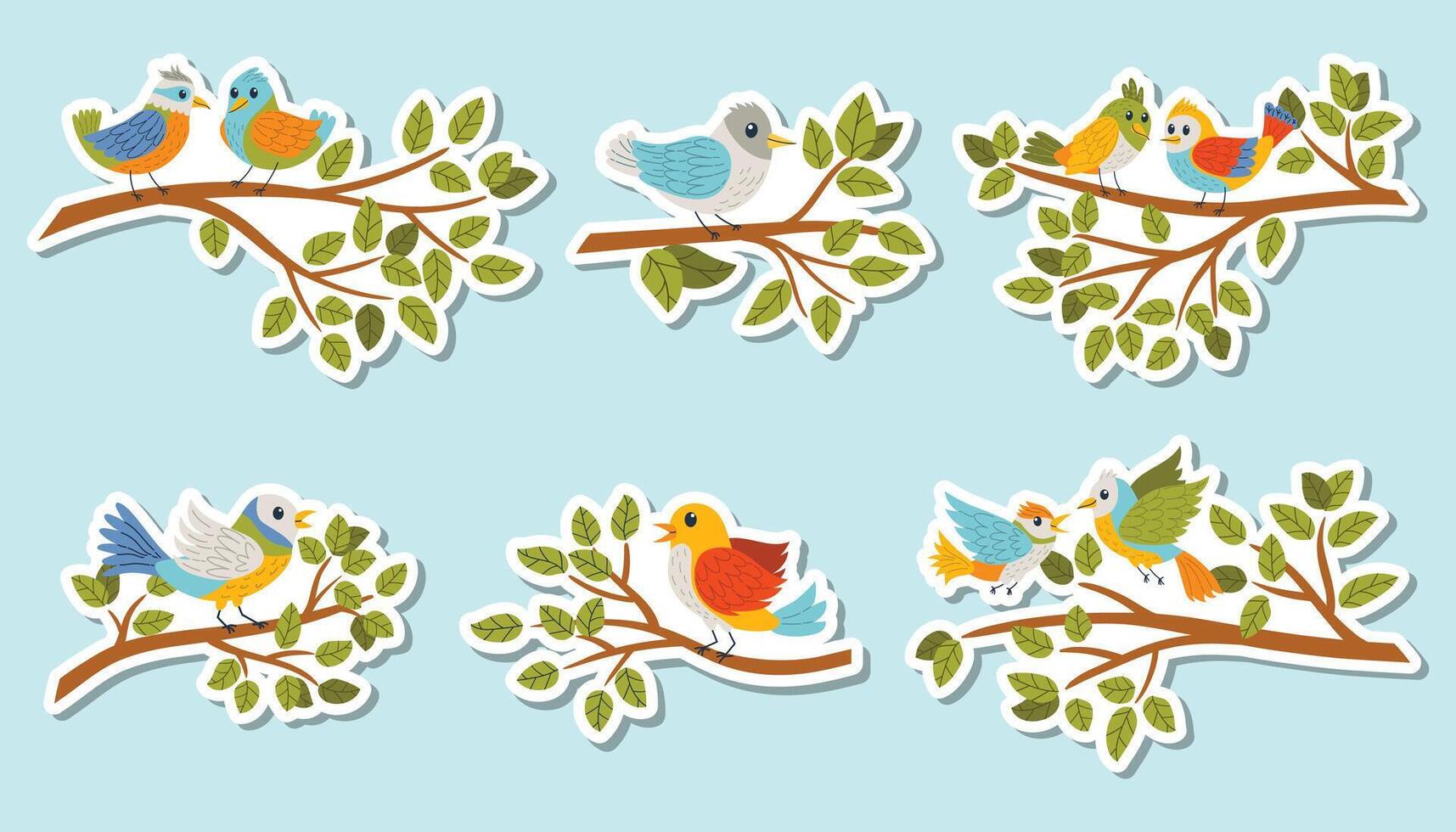 Sticker collection featuring colorful birds sitting on branches in flat cartoon style. Bright and cheerful design perfect for kids, crafts, nature themes, and decorative projects. vector