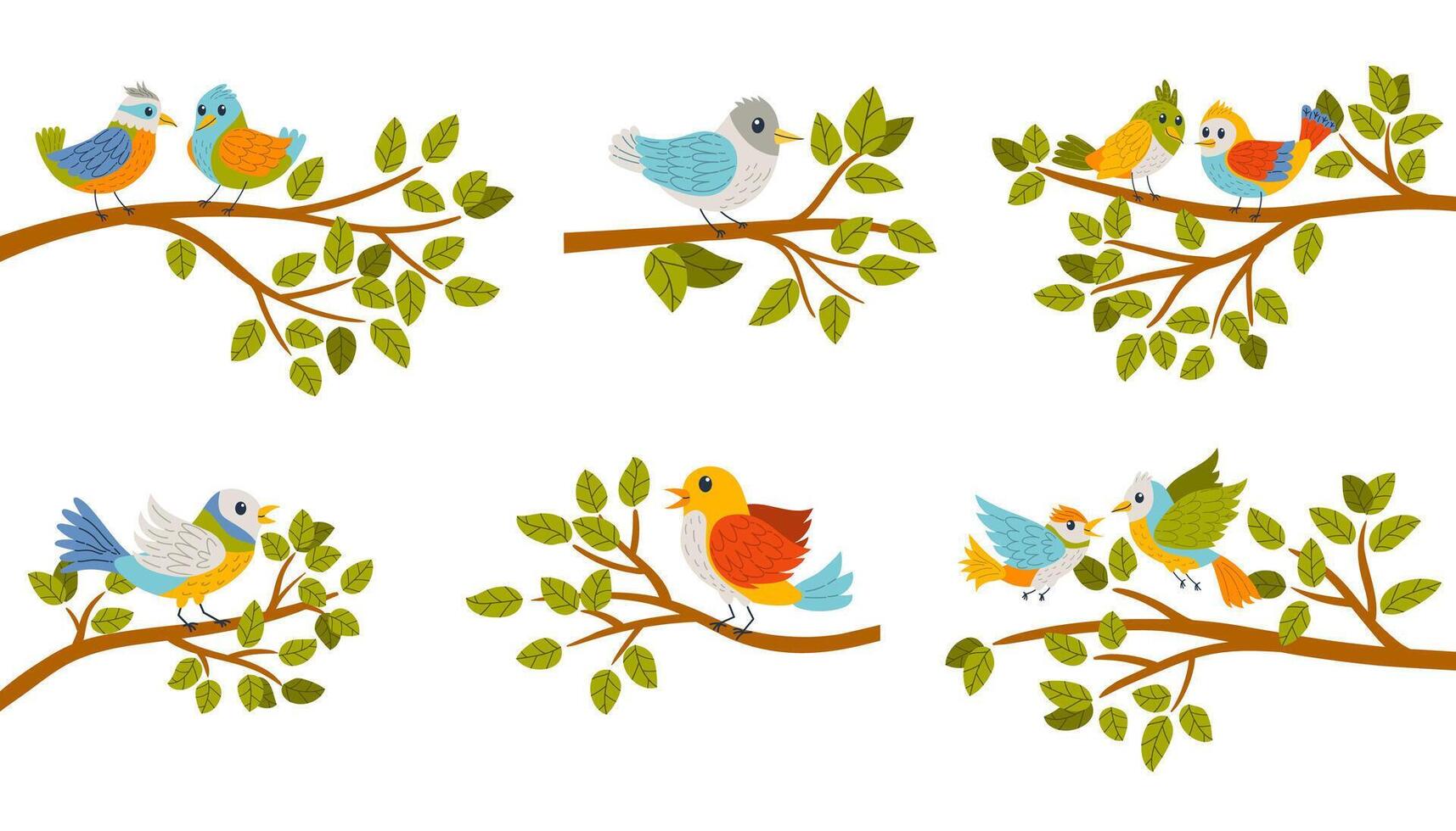 Cartoon flat style illustration of colorful birds sitting on tree branches. Bright, playful design with bright colors and a cheerful nature theme. Ideal for kids or spring topics. vector