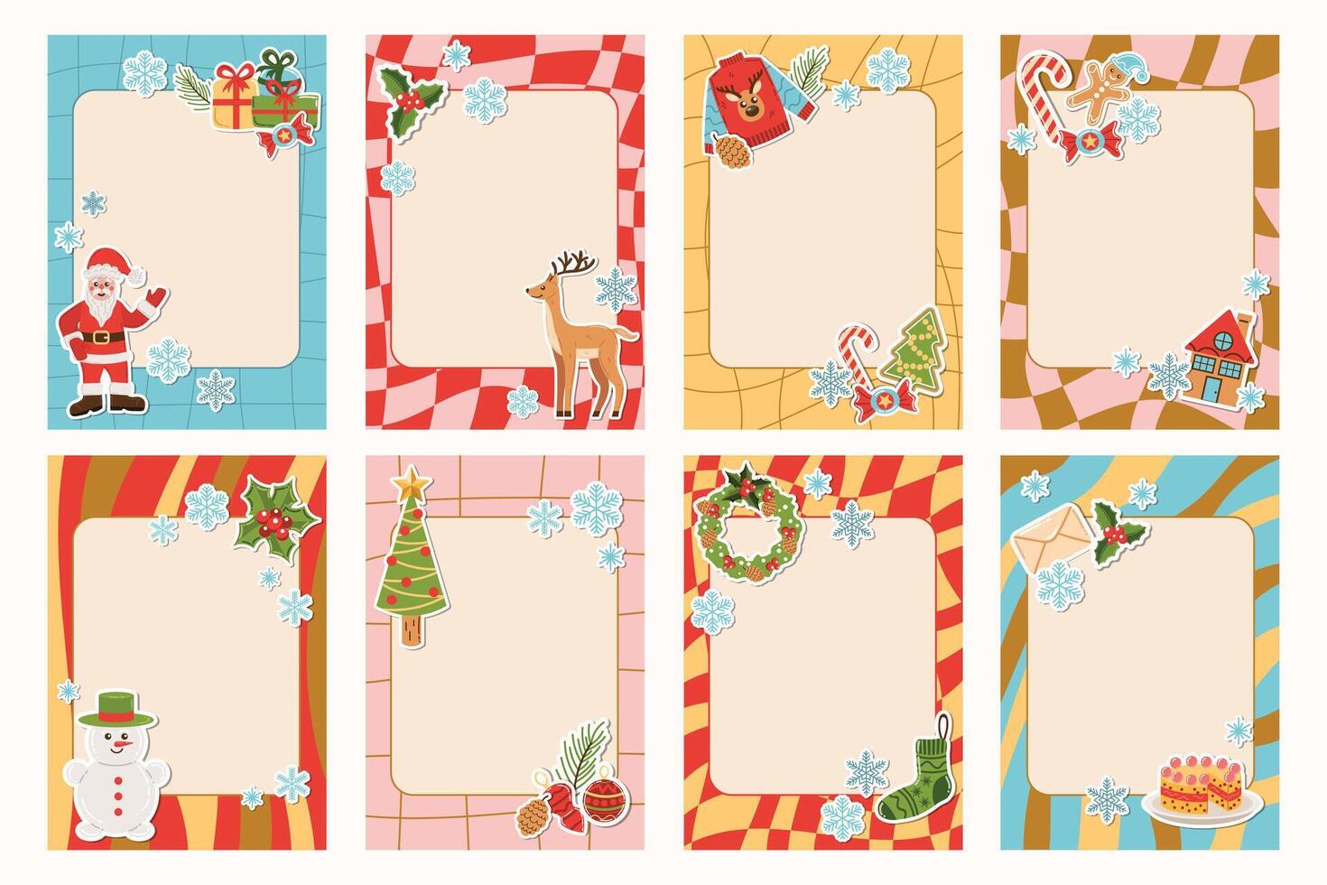 Set of groovy note frames decorated with Christmas stickers. Features playful elements like Santa, tree, wreath and gift designs. Perfect for festive journals, planners or holiday stationery. vector