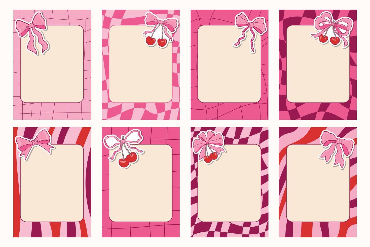 Set of groovy note frames decorated with charming bows and cherries in trendy coquette style. Feminine, cute, and playful design ideal for planners, journals, scrapbooks, or aesthetic stationery. vector