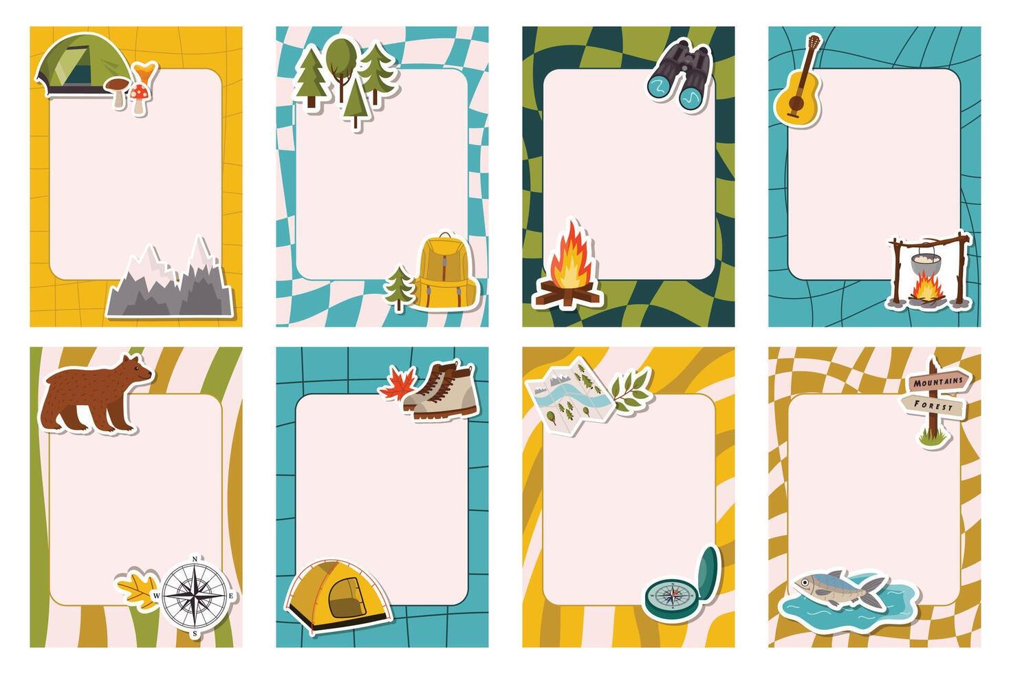 Set of groovy note frames decorated with fun camping-themed stickers. Includes playful outdoor elements like tents, trees, fires, and backpacks. Perfect for journals, scrapbooks, or travel planners. vector