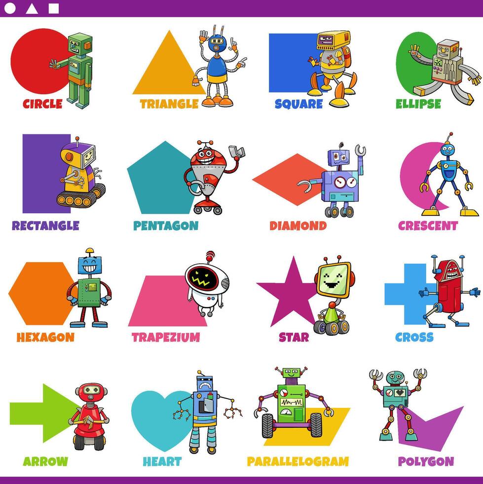 basic geometric shapes with cartoon robot characters set vector