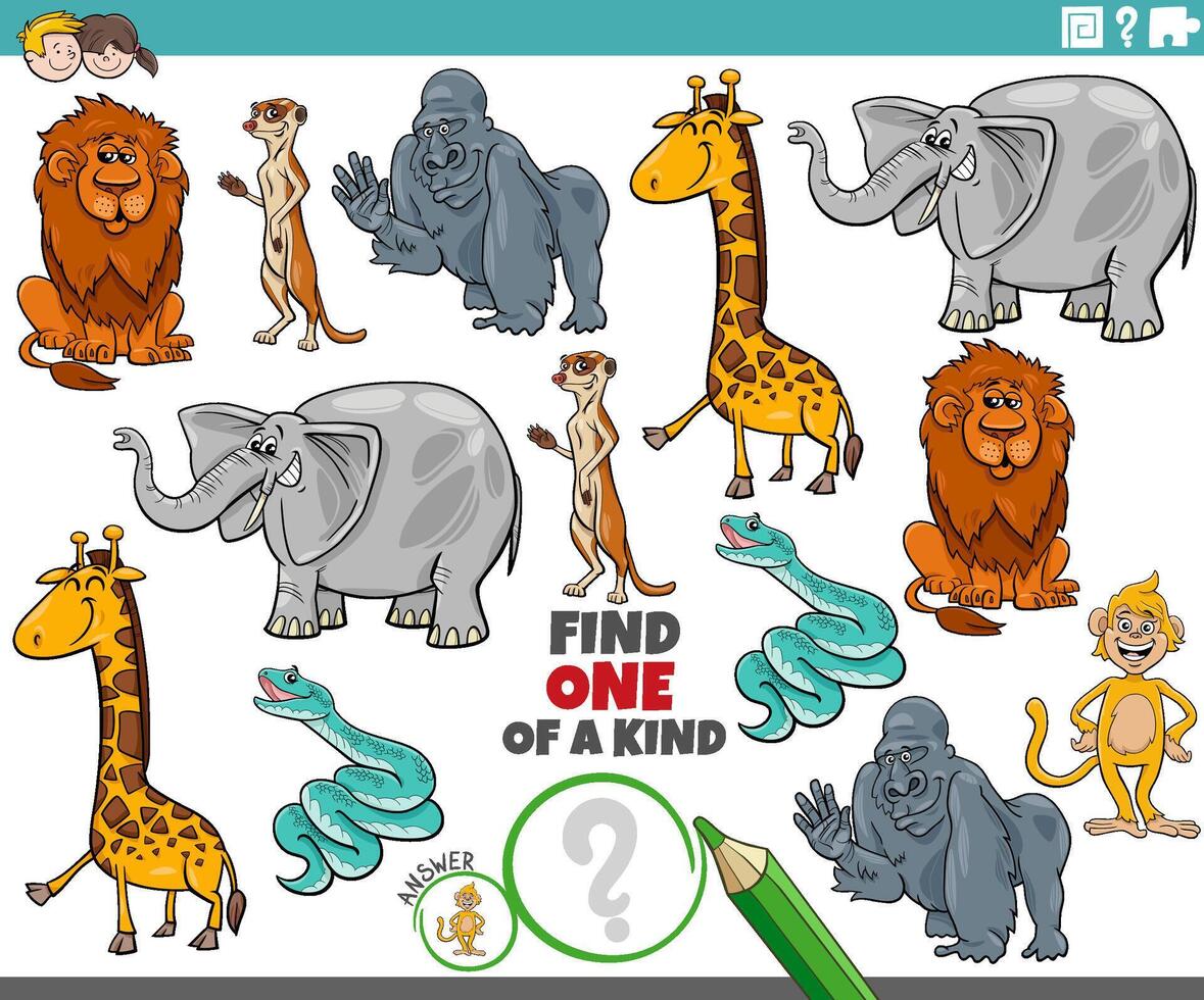 one of a kind puzzle with funny cartoon wild animals vector