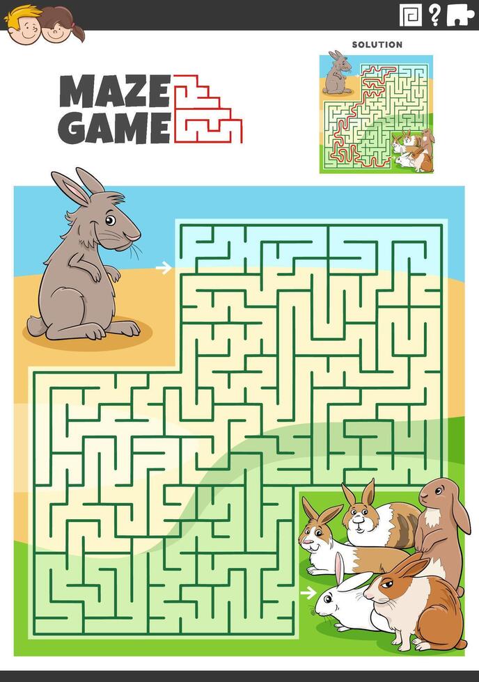 maze puzzle game with cartoon rabbits animal character vector