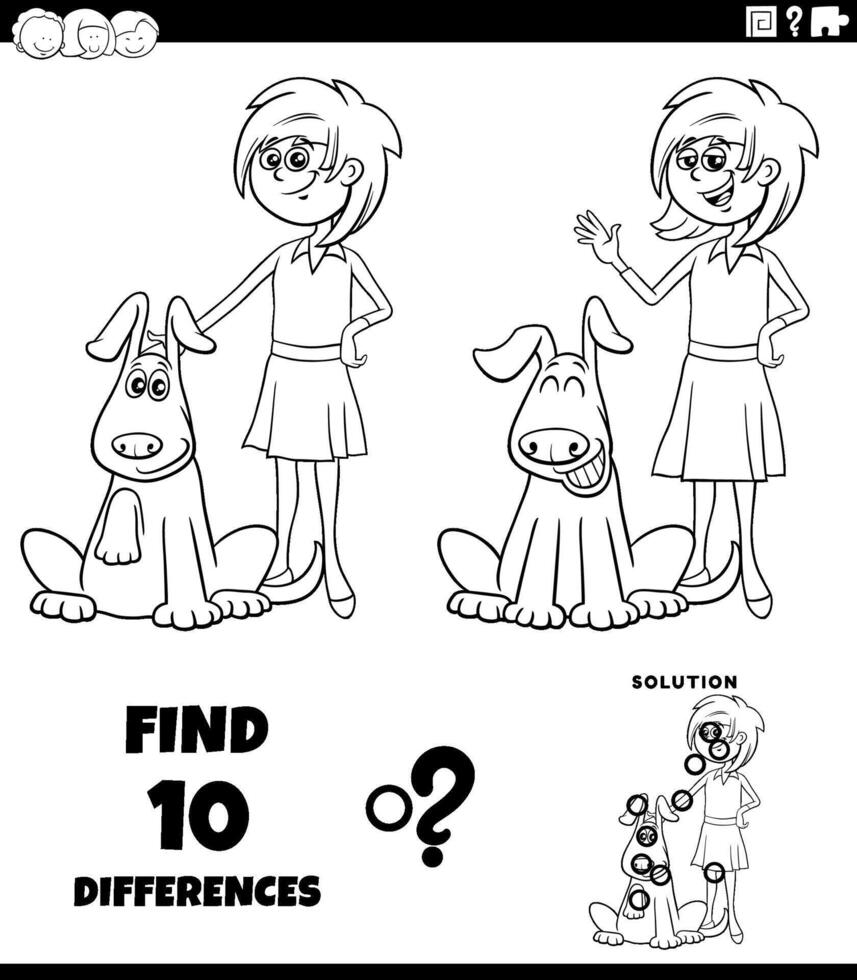 differences puzzle activity with cartoon girl and her dog coloring page vector
