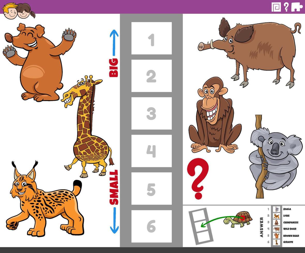 educational puzzle game with big and small cartoon animals vector