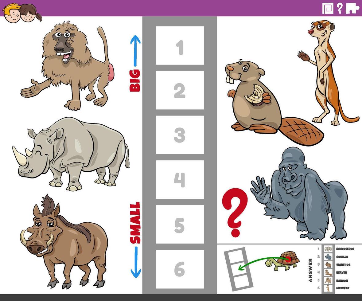 educational puzzle activity with big and small cartoon animals vector