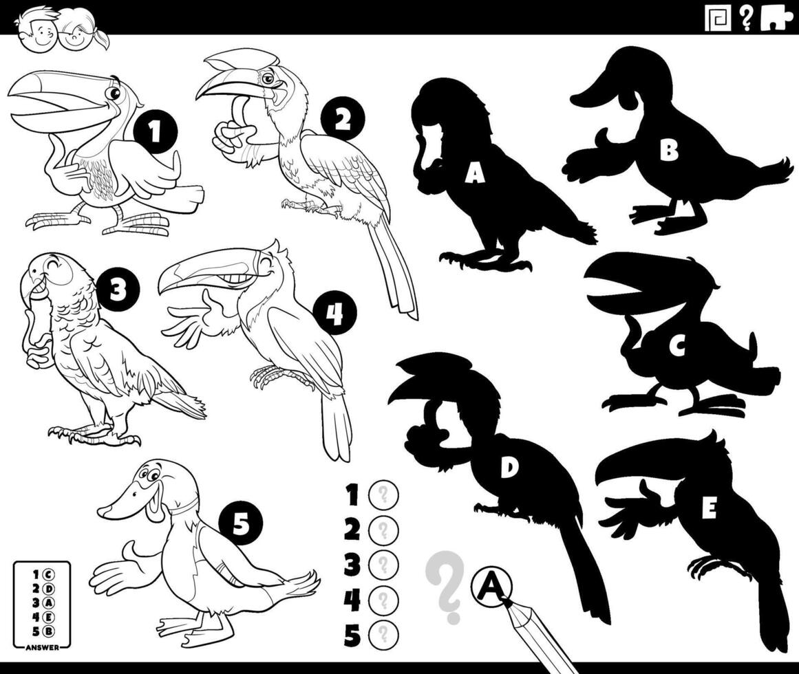 shadows puzzle with cartoon birds animal characters coloring page vector