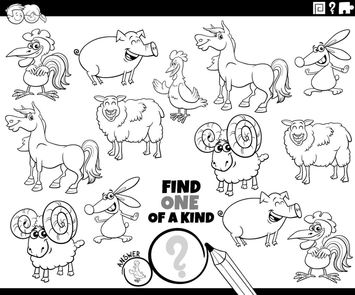 one of a kind puzzle with cartoon farm animals for coloring vector