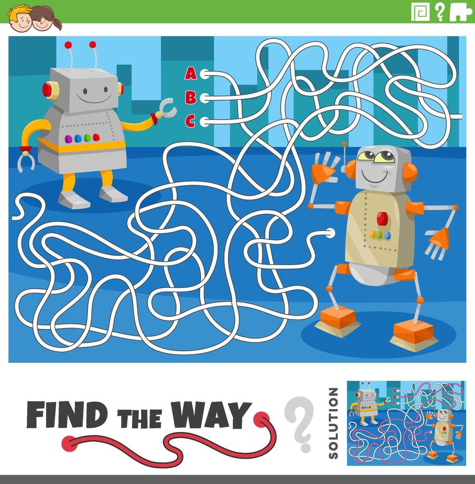 maze activity game with two cartoon robots characters vector