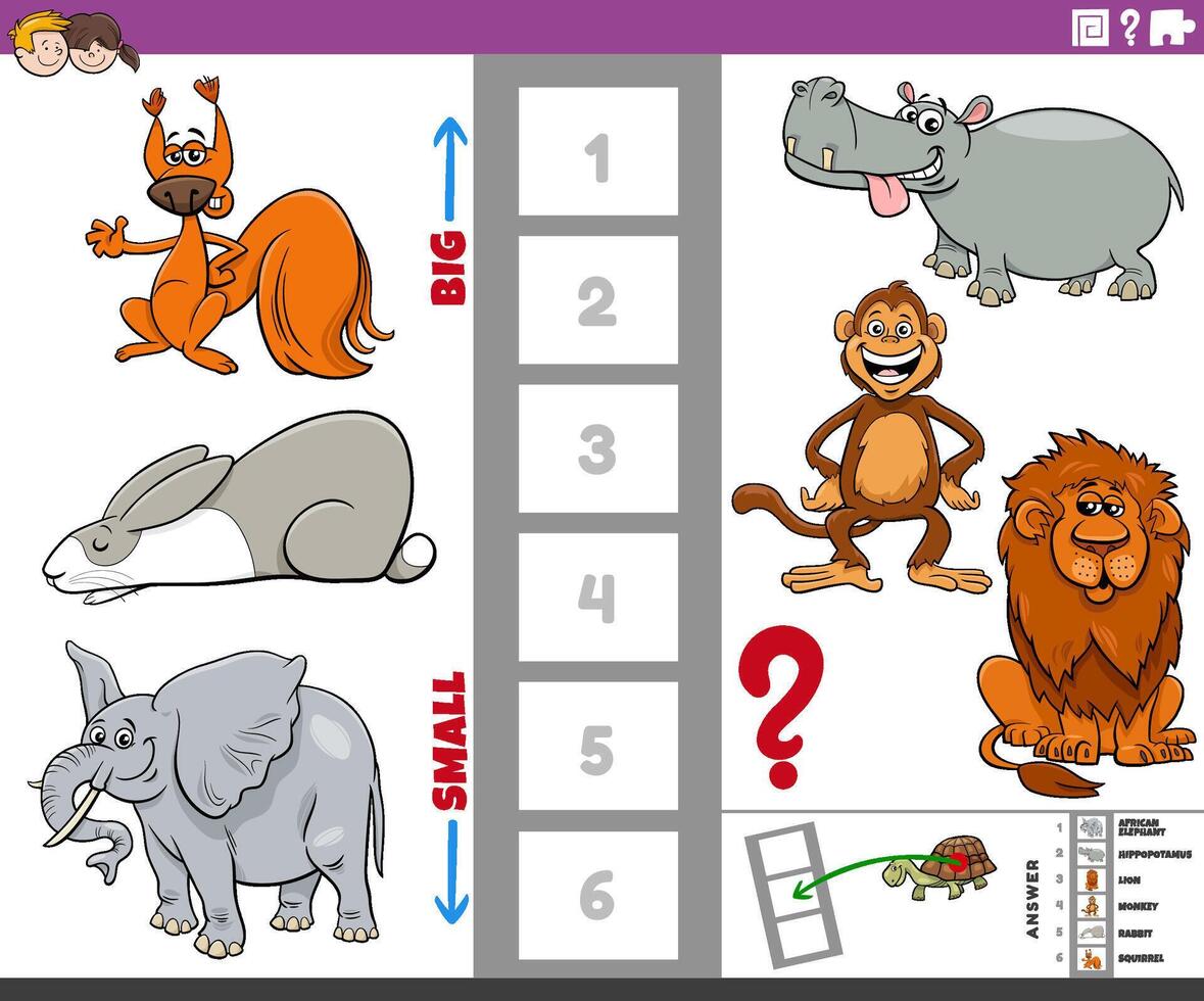 educational puzzle with big and small cartoon animals vector