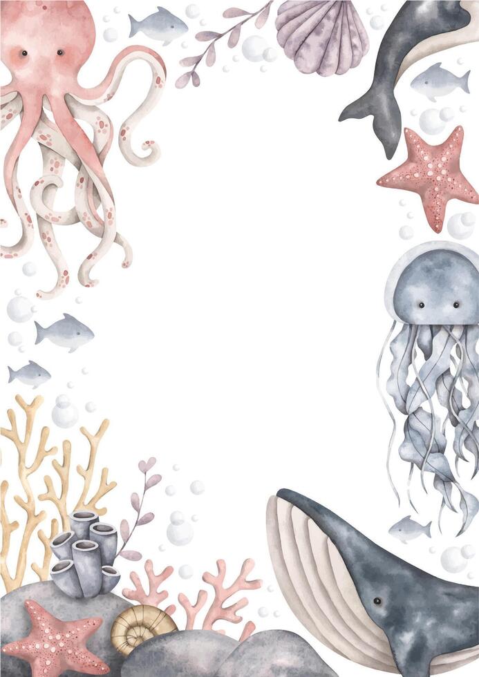 Under the sea. Watercolor hand-drawn card template with sea animals and plants vector