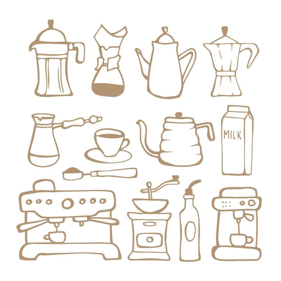 Line art set with cup of coffee, coffee grinder, coffee pot, filter, geyser coffee maker, coffee maker, coffee machine, turka, milk, syrup for coffee vector