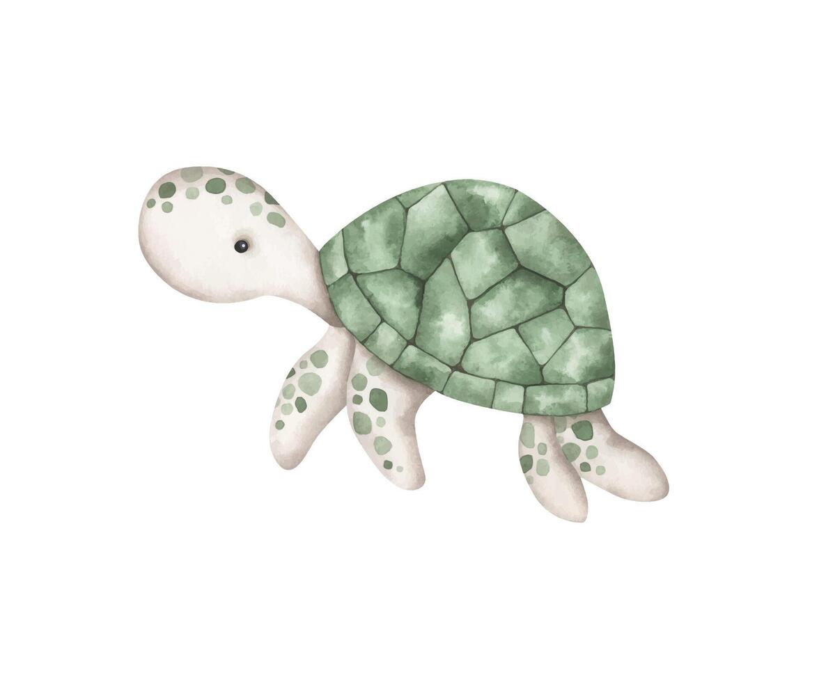 Under the sea. Watercolor hand-drawn illustration with turtle. Animals and plants of the underwater world. Sea-themed celebration. Cute cartoon elements for kids. vector