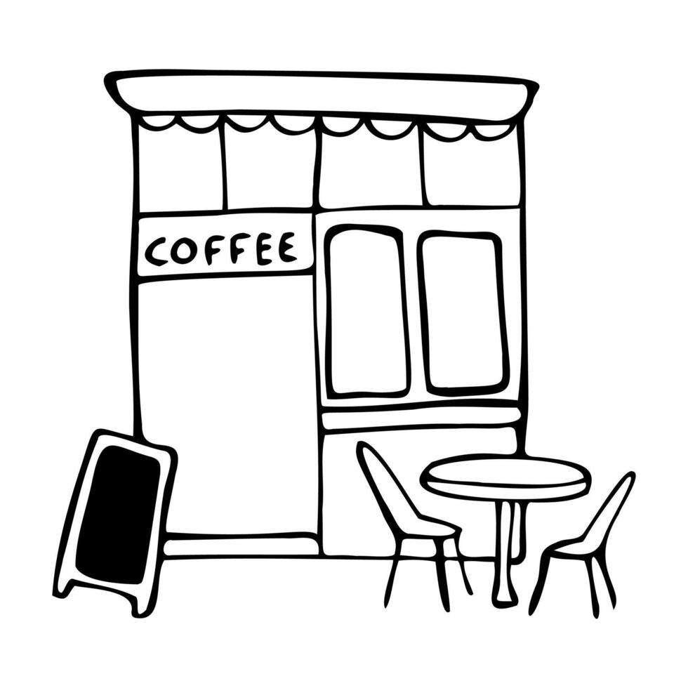 Line art illustration with the building of coffee shop on the street, table with chairs and chalkboard. vector