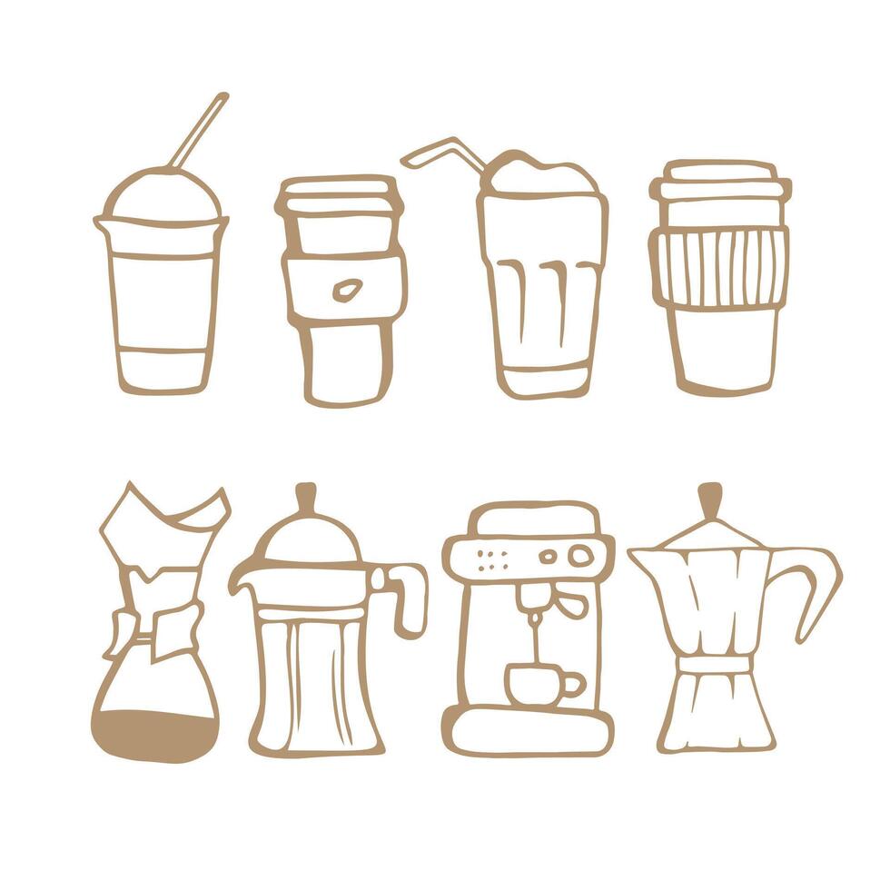 Line art clip art with cup of coffee, paper cup, ice coffee, coffee pot, filter, geyser coffee maker, coffee maker, coffee machine in beige color vector