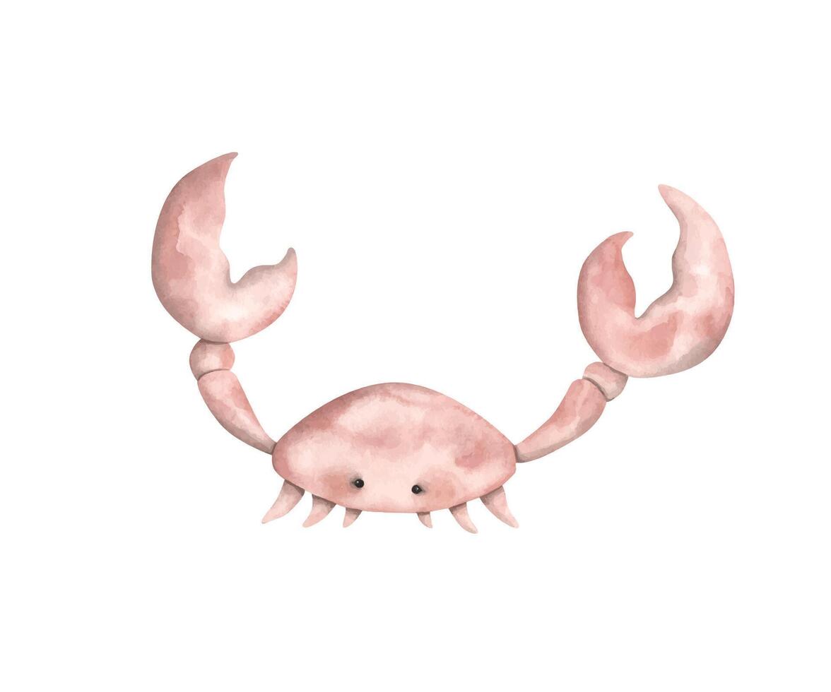 Under the sea. Watercolor hand-drawn illustration with crab. Animals and plants of the underwater world. Sea-themed celebration. Cute cartoon elements for kids. vector