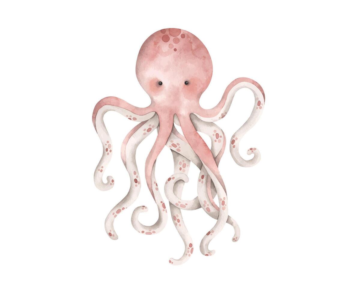 Under the sea. Watercolor hand-drawn illustration with octopus. Animals and plants of the underwater world. Sea-themed celebration. Cute cartoon elements for kids. vector